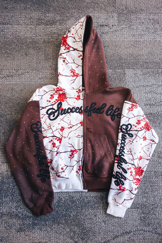 THE TWO-TONE RHINESTONES SUCCESSFUL LIFE VIOTET FLOWER HOODIE SET