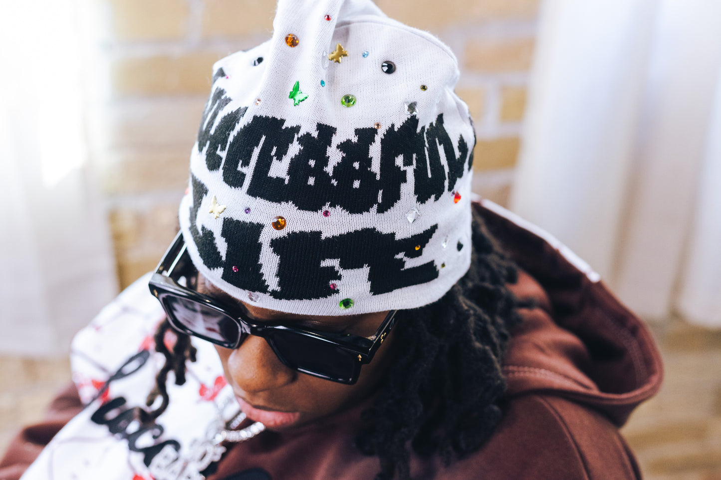 SUCCESSFUL LIFE WHITE RHINESTONE BEANIE