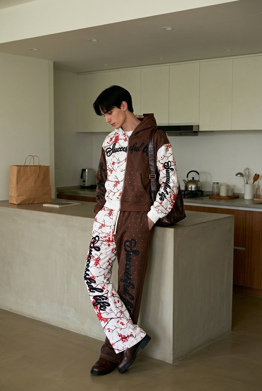 THE TWO-TONE RHINESTONES SUCCESSFUL LIFE VIOTET FLOWER JOGGER SET