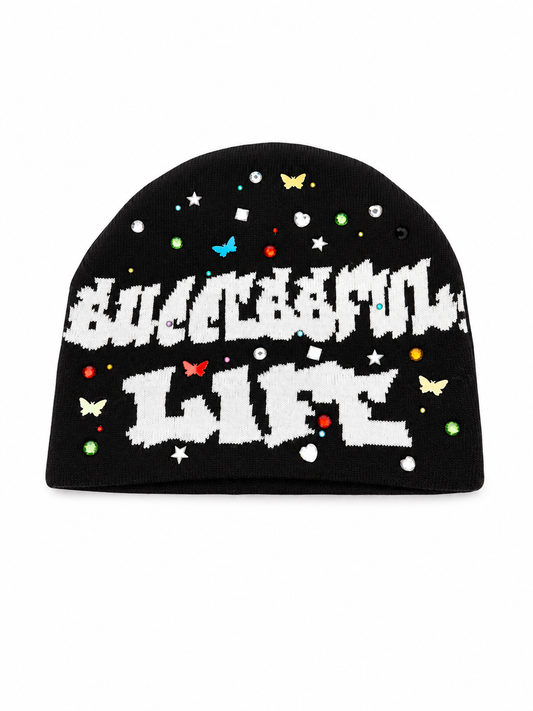 SUCCESSFUL LIFE BLACK RHINESTONE BEANIE