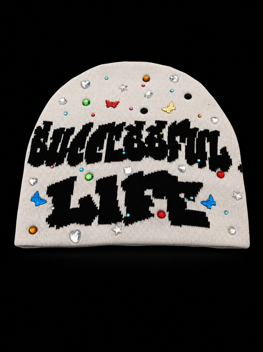 SUCCESSFUL LIFE WHITE RHINESTONE BEANIE