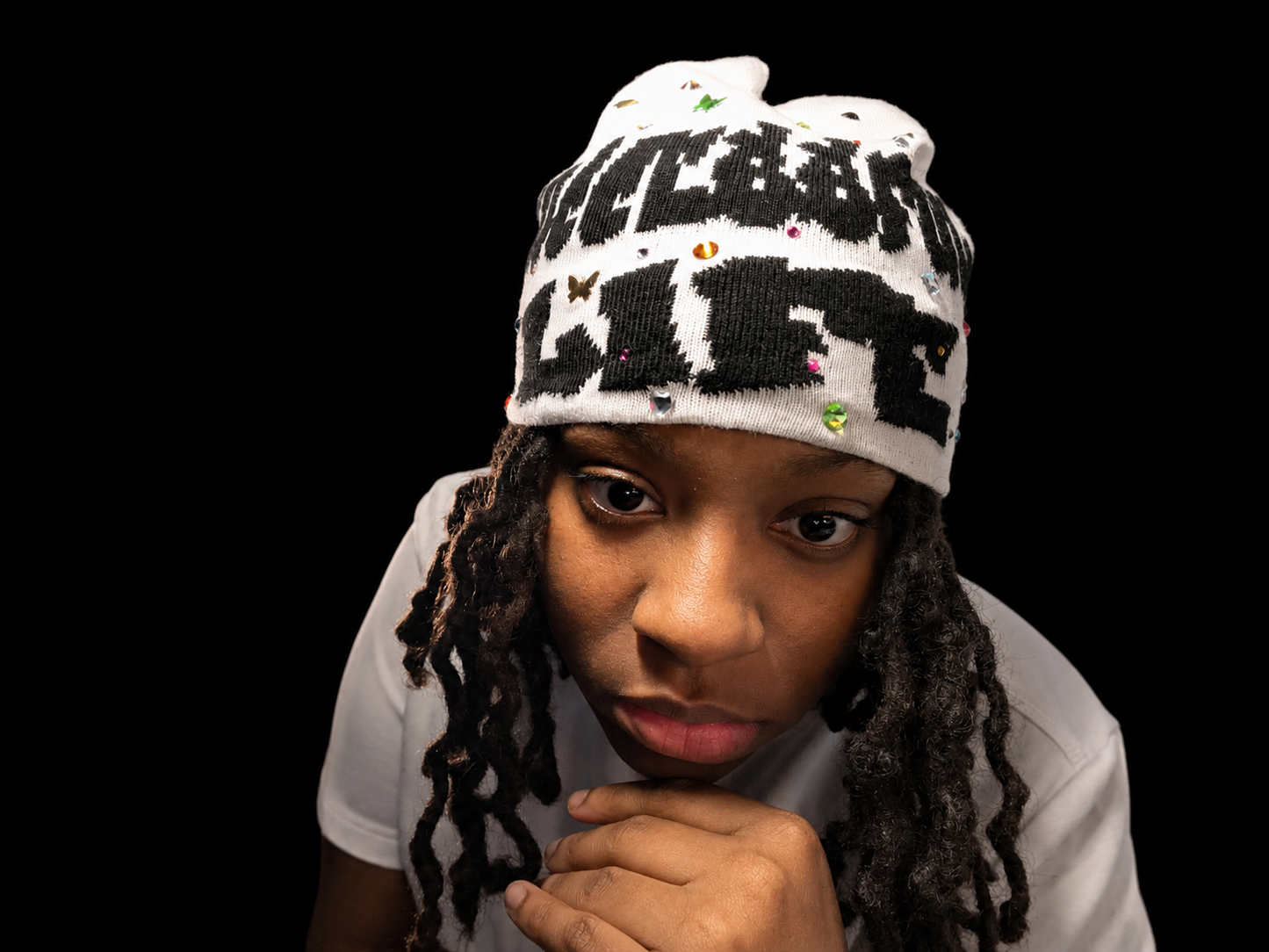 SUCCESSFUL LIFE WHITE RHINESTONE BEANIE